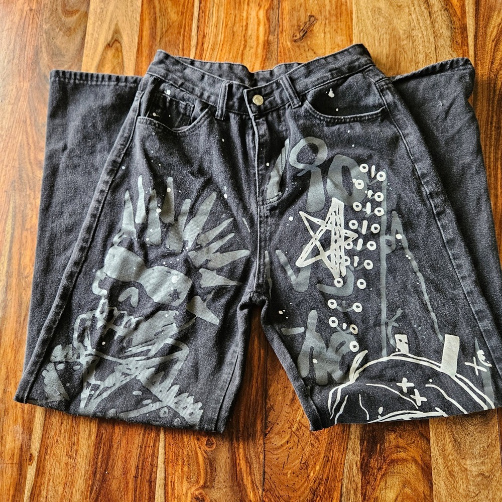 Romwe Womens Black Punk Graphic Print Drawing Wide Leg Baggy Jeans Size M
